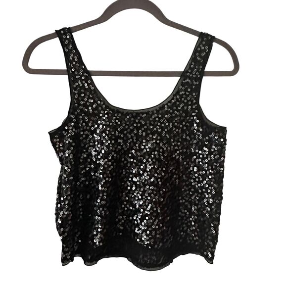 Express Black Sequins Sheer Cropped Scoop Neck Dressy Tank Top Size XS - Picture 2 of 7